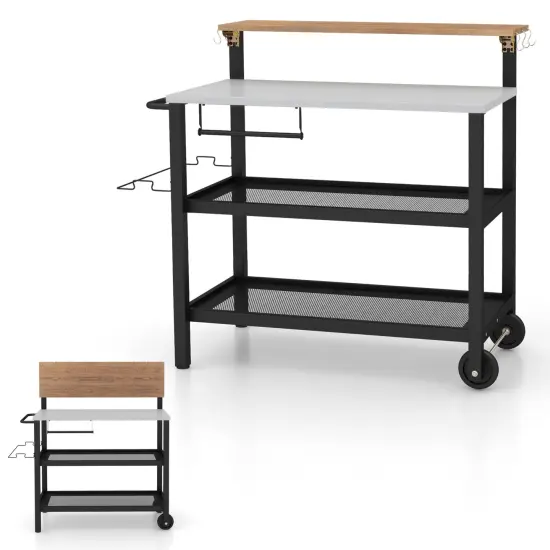 Black Flip-Up Rolling Bar Cart with Hooks and Metal Frame Perfect for Indoor or Outdoor Use {3}