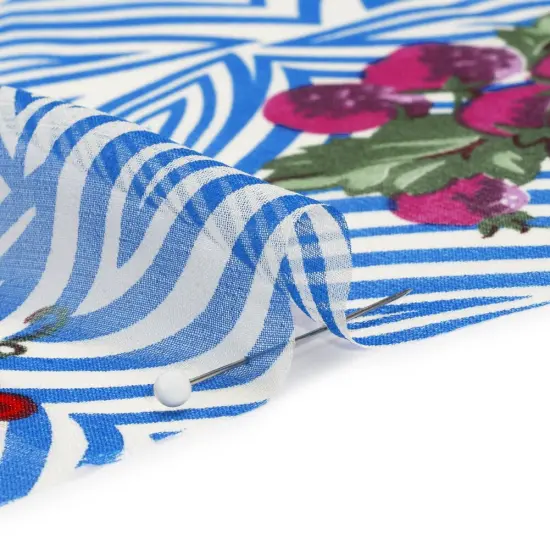 1 Yard Blue, White & Green Op Art Fruits Abstract Pattern Silk Chiffon, 54 Inches Wide {2}