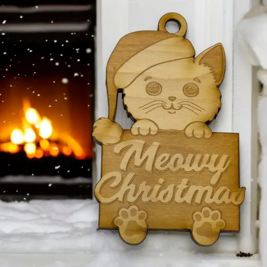 Ornament - Meowy Christmas - Raw Wood 3x4in {5}