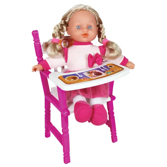 Lissi: 12" Doll Set: Stroller, Bed & Highchair - Blonde Hair - Pink-White-Animal - Feeding-Sleep-Travel Playset, Foldable Design, Kids-Toddlers Age 2+ {6}