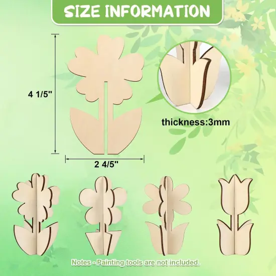 DIY 3D Flower Spring Wood Crafts to Paint for Kids Adults, Paintable Unfinished Wooden Slices for Craft, Flowers Cutouts Ornaments for Painting Decorations (24 PCS) {6}