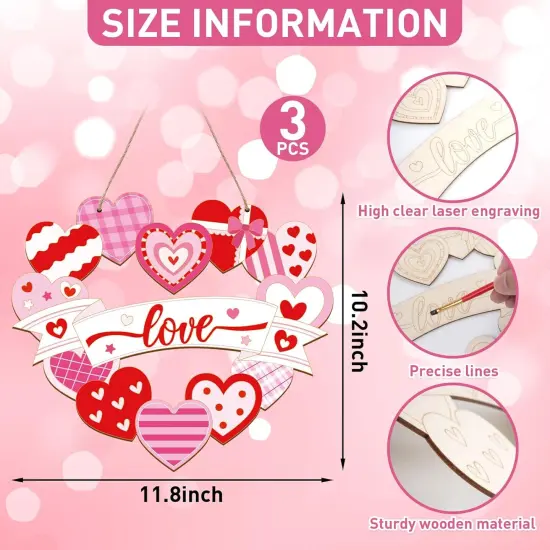 Paintable Valentines Ornaments 3 Sets, Wooden Valentines Ornaments to Paint, Unfinished Love Signs Wreaths Wood Crafts for Painting, Wooden Cutouts DIY Wood Crafts for Kids Adults Door Decor {6}