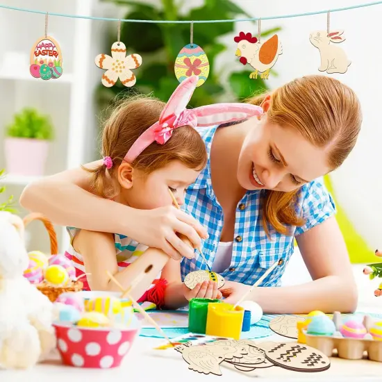 80PCS Wooden Easter Ornaments to Paint, 8 Styles DIY Blank Unfinished Wood Cutouts Ornament for Crafts Hanging Decorations, Egg Rabbit Bunny Butterfly Flower Hen Happy Easter {2}
