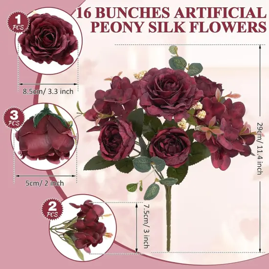 16 Packs Artificial Peony Flowers Faux Peonies Bouquet {2}