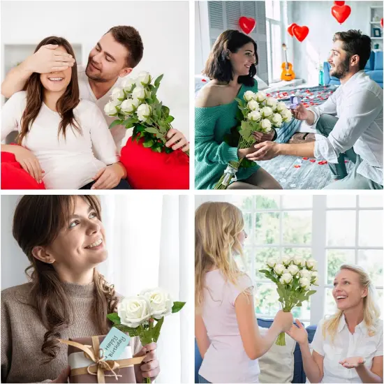 Fake Velvet Silk White Roses with Long Stems Realistic Bouquet for Wedding Centerpieces {5}