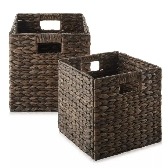 Set of 2 Hyacinth Storage Cubes, 10.5" Wicker Basket Bins for Shelves, Espresso {1}