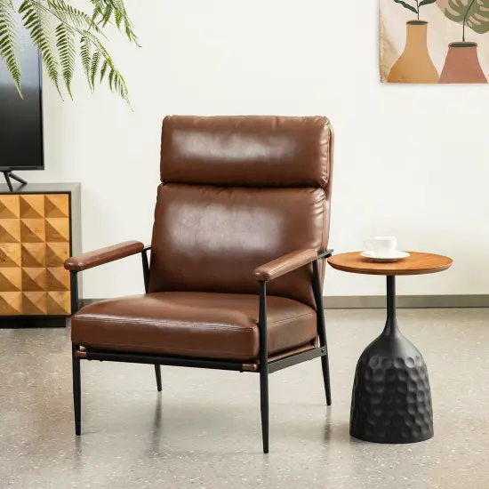 33.75"W Mid-Century Modern Leatherette Armchair With High Back and Padded Arms Brown {2}