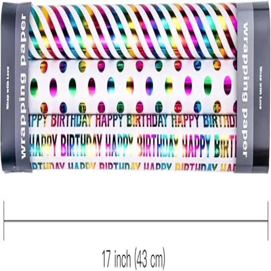 Birthday Wrapping Paper Roll - Mini Roll - 3 Rolls - 17 inch x 120 inch Per roll - Colorful Foil Birthday Design for Party, Holiday, Baby Shower {3}