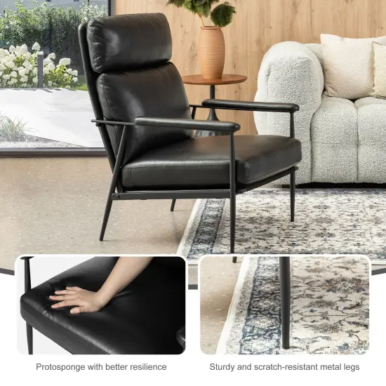 33.75"W Mid-Century Modern Leatherette Armchair With High Back and Padded Arms Black {3}