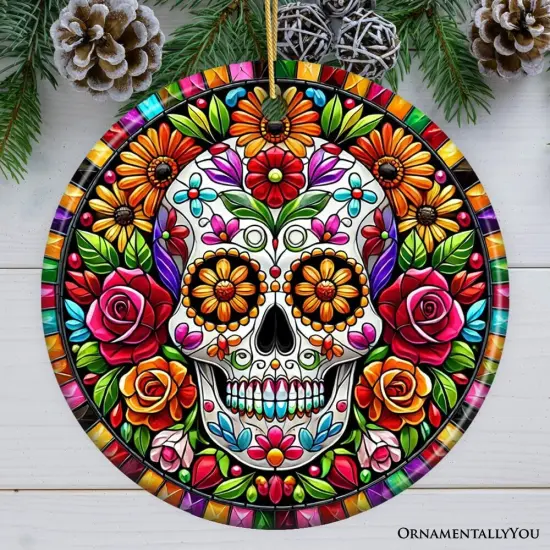 Floral Celebration Sugar Skull Stained Glass Style Ornament, Lush Blossom Christmas Gift and Decor {1}
