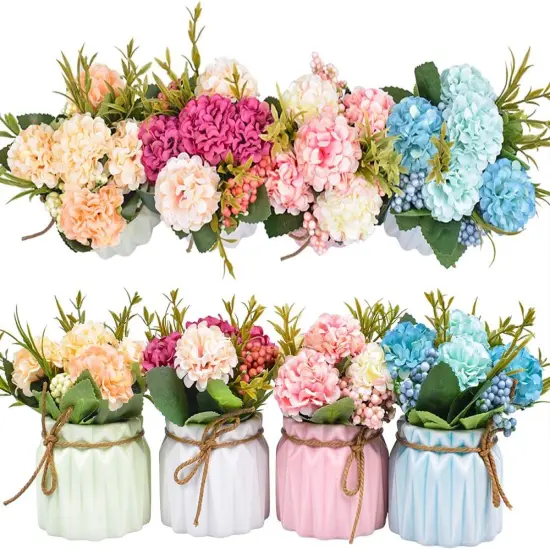 Set of 4 Mini Artificial Hydrangea Plants &ndash; Faux Flowers in Pots for Home & Office D&eacute;cor {1}