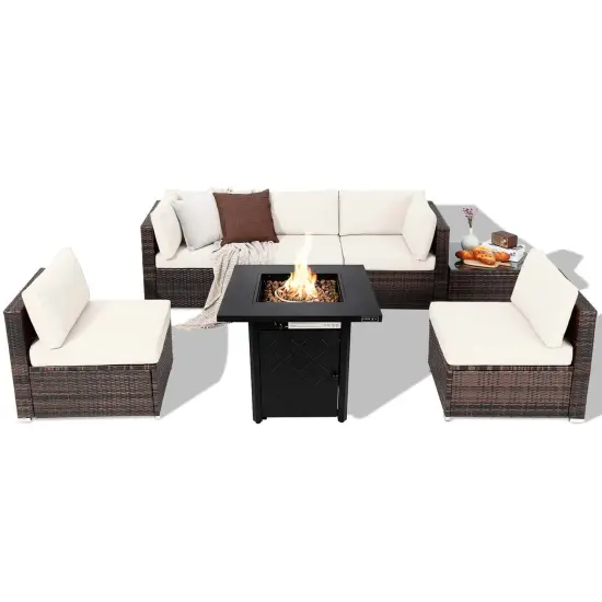 Costway 7 PCS Patio Furniture Set with 28" 50000 BTU Propane Gas Fire Pit Table Cushions Red/Turquoise/Off White {9}
