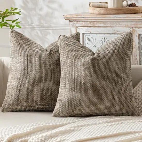Pack of 2 Khaki Decorative Pillow Covers 18x18 Inch Soft Chenille Couch Throw Pillows Farmhouse Cushion Covers for Home Decor Sofa Bedroom Living Room {1}