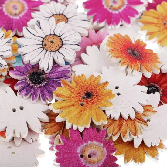100 Pieces 1inch Flower Shaped Wood Buttons Daisy Sunflower 2 Holes {3}