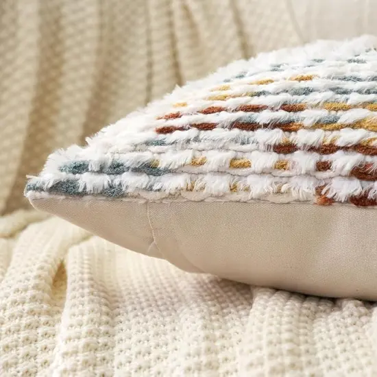 Boho Chenille Tufted Pillow Cover 18x18 Inch, Decorative Square Throw Pillow Cover Neutral Pillowcase for Couch Bedroom Living Room, Orange White {4}