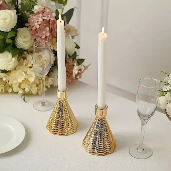 3 Metallic Gold 5 in Ribbed Cone Shaped Ceramic Taper CANDLE HOLDERS Party Event {4}