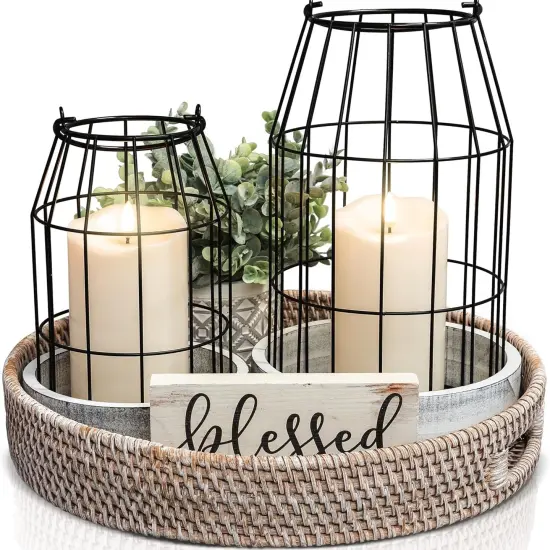 Rustic Farmhouse Lantern Decor Set of 2 - Stylish Decorative Lanterns for Your Living Room, Fireplace Mantle or Kitchen Dining Table - Modern Upscale Beauty for Your Entire Home {1}