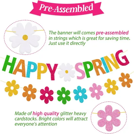 Happy Spring Banner Hello Spring Party Decorations with Flowers Garland for Kids Boy Girl Celebrate Welcome Spring Colorful Glitter Party Supplies {3}