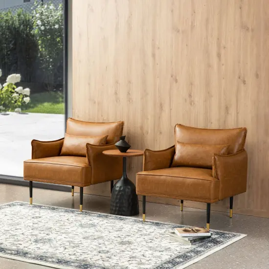 29.5"W Mid-Century Modern Leatherette Armchair With Side Pocket Set of 2-Camel {2}