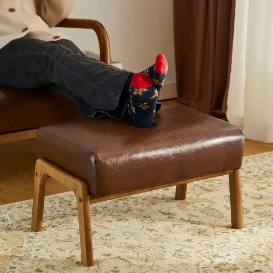 30.75"H Mid-Century PU Leather Armchair with Ottoman Set Brown {5}