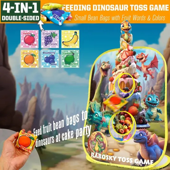 4-in-1 Dinosaur Toddlers Outdoor Activities Toss Games, Birthday Christmas Party Gifts for Boys 3 4 5 Year Olds, Backyard Outside Kids Fruit Bean Bags Axes Rings Sticky Balls Throwing Toys {4}