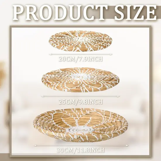 Boho Wall Basket Decor Set of 3 Decorative Bulrush Woven Basket Wall Decor Set Rustic Hanging Handmade Round Woven Decoration with African Design for Living Room Bedroom Farmhouse Gift Idea(Bright) {3}