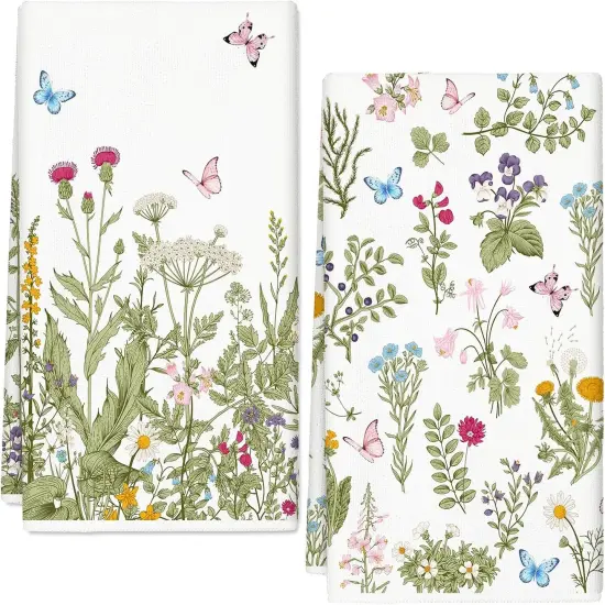 Vintage Wildflower Butterfly Kitchen Towel Green Wild Floral Dish Towel 18 x 28 Inch Hand Drying Tea Towel for Spring Cooking Baking Party Supplies, 2Pcs {1}