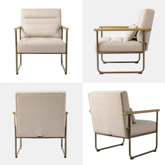 33.25"H Mid-Century Modern Beige Fabric Accent Arm Chair with Metal Frame {5}