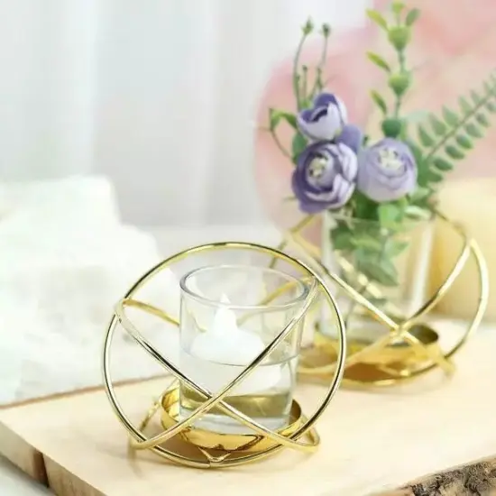 3 Gold 3-Inch Geometric Metal VOTIVE CANDLE HOLDERS Flower Vases Party Supplies {2}