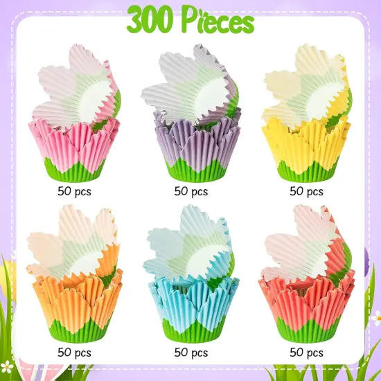 Flower Cupcake Paper Liner - 300pcs Easter Baking Cups Muffin Cupcakes Wrappers, Spring Lavender Tulip Cake Chocolate Candy Wrap Making Supplies for Spring Birthday Baby Shower Party (6 Styles) {2}