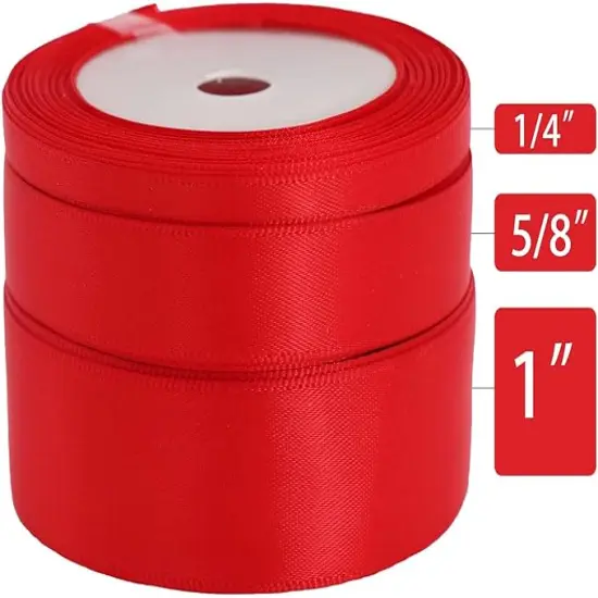 Red Satin Ribbon Double Faced Ribbon 3 Rolls (1/4 Inch, 5/8 Inch, 1 Inch), Fabric Ribbon Use for Gift Wrapping, Wedding Party Decoration, Hair Bows, DIY Crafts, Total 30 Yards {2}