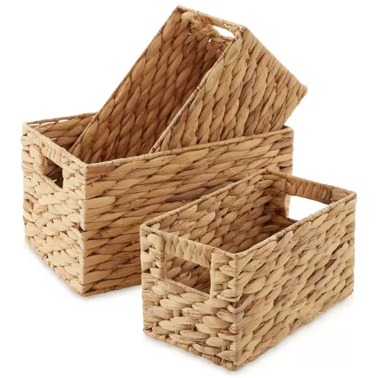 Set of 3 Storage Baskets w Handles, Woven Hyacinth Wicker Nesting Bin Organizers {1}