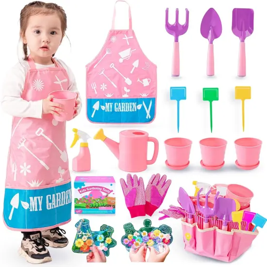 Kids Pink Gardening Tools Set, Garden Toys w/Metal Rake, Shovel, Trowel, Watering Can, Gloves, Tote Bag, Plant pots, DIY Bookmark Kits, Spring Summer Toy Outdoor Gift for Toddler Boy Girl {1}