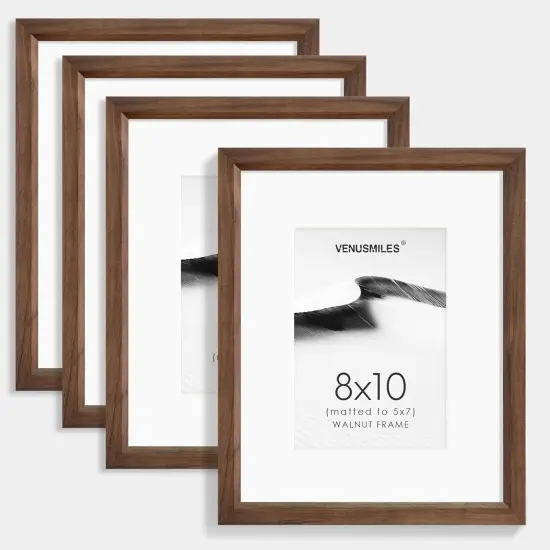 8x10 Picture Frame Set of 4 Natural Solid Walnut Photo Frames with 5x7 Removable Mat {1}