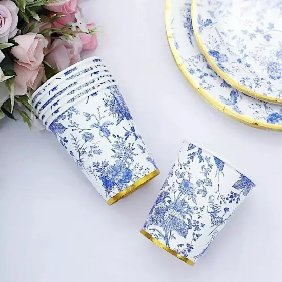 24 White 9 oz Blue Floral Design Disposable Paper Drinking CUPS Gold Rim Party {3}