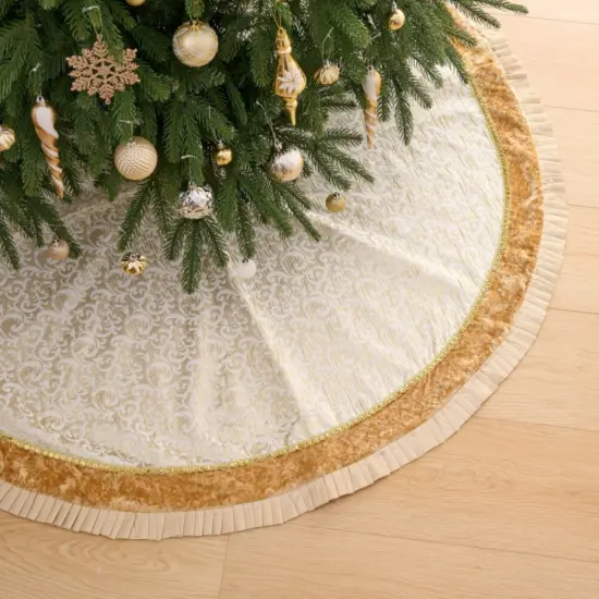 Luxury Gold and White Christmas Tree Skirt, 48-Inch Elegant Velvet & Brocade Holiday Tree Base Cover with Pleated Trim {1}