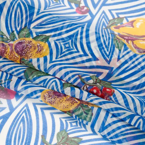 1 Yard Blue, White & Green Op Art Fruits Abstract Pattern Silk Chiffon, 54 Inches Wide {3}