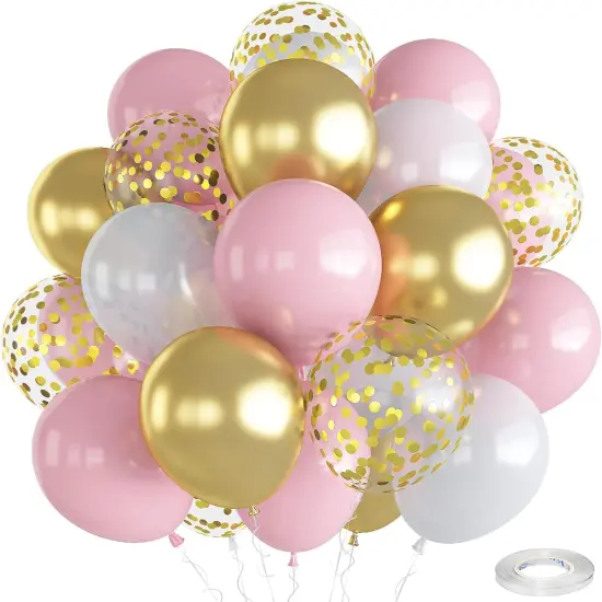 2 Inch Pastel Pink Pearl White Metallic Chrome Gold Confetti Latex Balloons(Pink White Gold) {1}