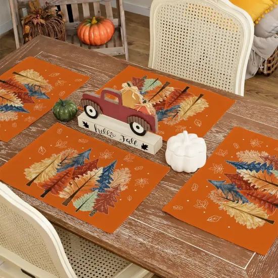 Set of 4 Fall Trees and Maple Leaves Placemats - 12x18 Inch (Orange Leaves) {2}