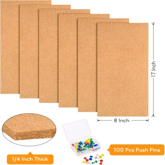 6 Pack Bulletin Cork Boards With 100 Push Pins (17"x8") {2}