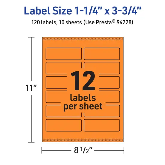 Avery Bright Orange Paper Labels, 1.25" x 3.75" Rectangle {5}