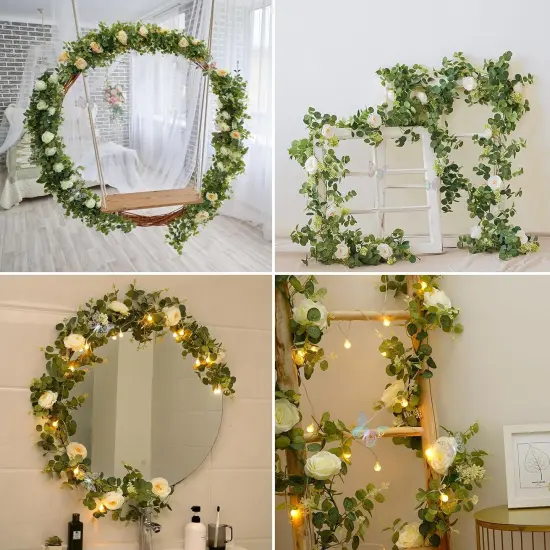 6.4 Ft Fuller White Flower Garland with Butterfly, Artificial Eucalyptus Garland with Flowers Fake Rose Vine Garland for Table Centerpiece Wedding Arch Baby Shower Party Room Backdrop Decor {4}