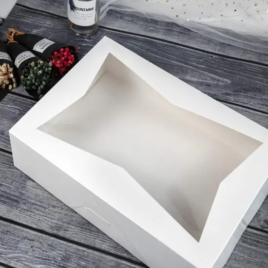 14 x10 x 3inch White Lock Corner Window Bakery Cookie Boxes, Large Paperboard Container with PVC Windows for Pie, Pack of 12 {4}