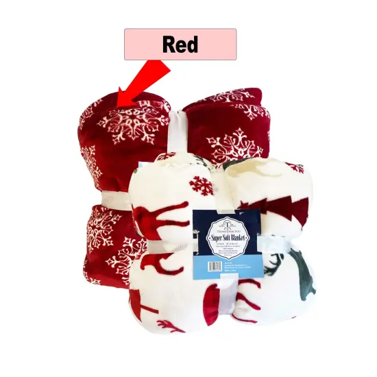 98x92" Oversized Sherpa Blanket Deer & Snowflake Design, Ultra-Soft Flannel Fleece Front Red {1}