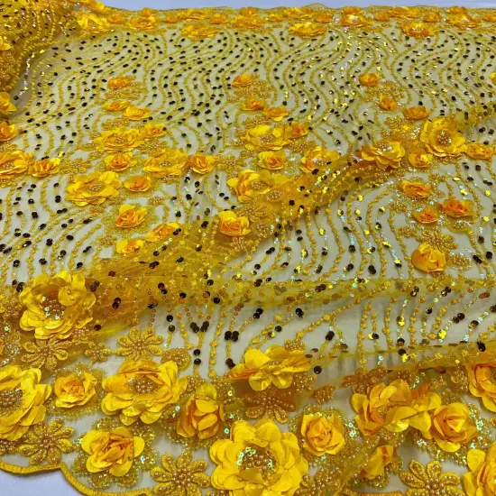 1 Yard Yellow 3D Floral Beaded & Sequined Lace Fabric, Embroidered Sparkling Mesh, 52" Wide, Polyester Gold {2}