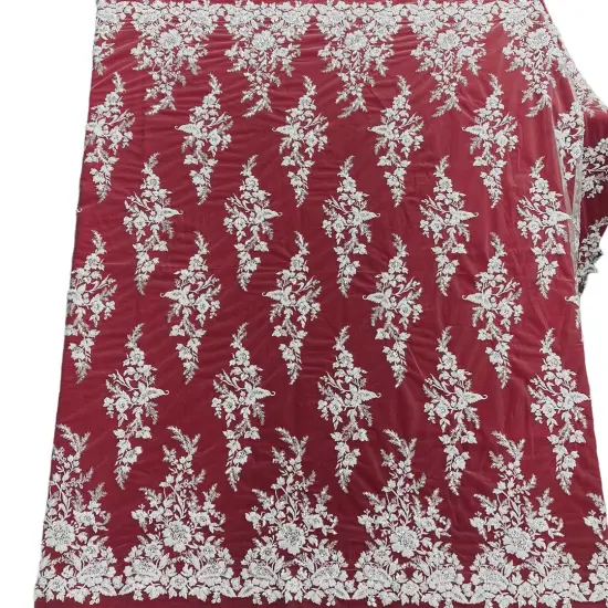 1 Yard Beaded & Sequined Embroidered Lace Fabric on 100% Polyester Mesh, 52" Wide Silver {2}