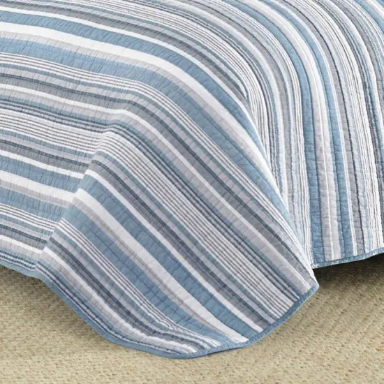 Lightweight Cotton Reversible Quilt Set Blue Grey White with Polyester Fill Machine Washable {3}