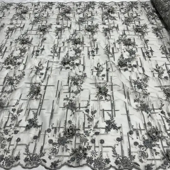 1 Yard Beaded Rhinestone 3D Floral Lace Fabric for Wedding Gowns and Dance Costumes 50" Width Grey {1}