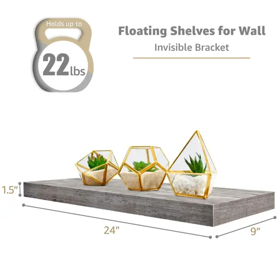 Sorbus Floating Shelves 3 Pack, 24-Inch Wall Mounted Shelves for Wall Decor and Storage with Invisible Brackets Grey {6}