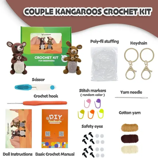 Couple Kangaroos Crochet Kit for Beginners, 2 Pcs Animals Amigurumi Starter Kit {2}